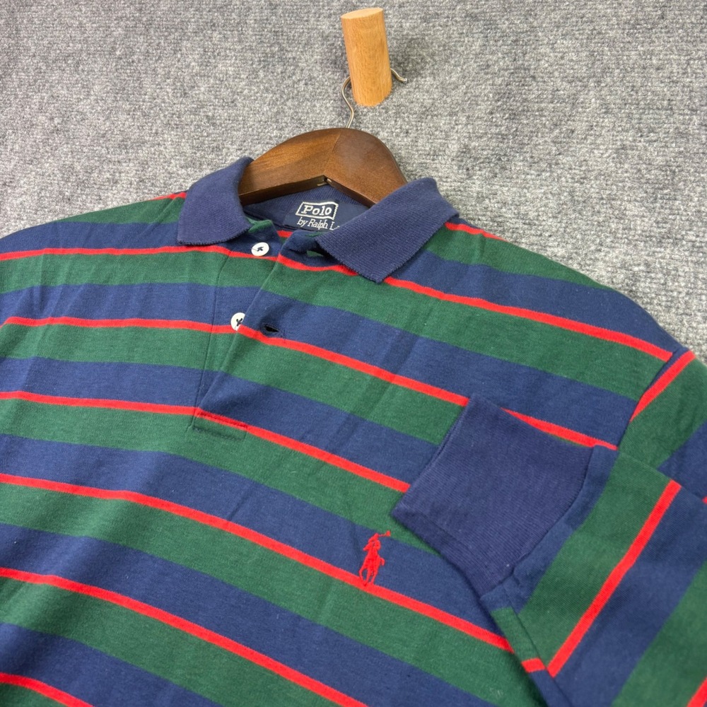 Polo Ralph Lauren Polo Shirt Mens M Green Blue Red Striped Long Sleeve Pony Logo